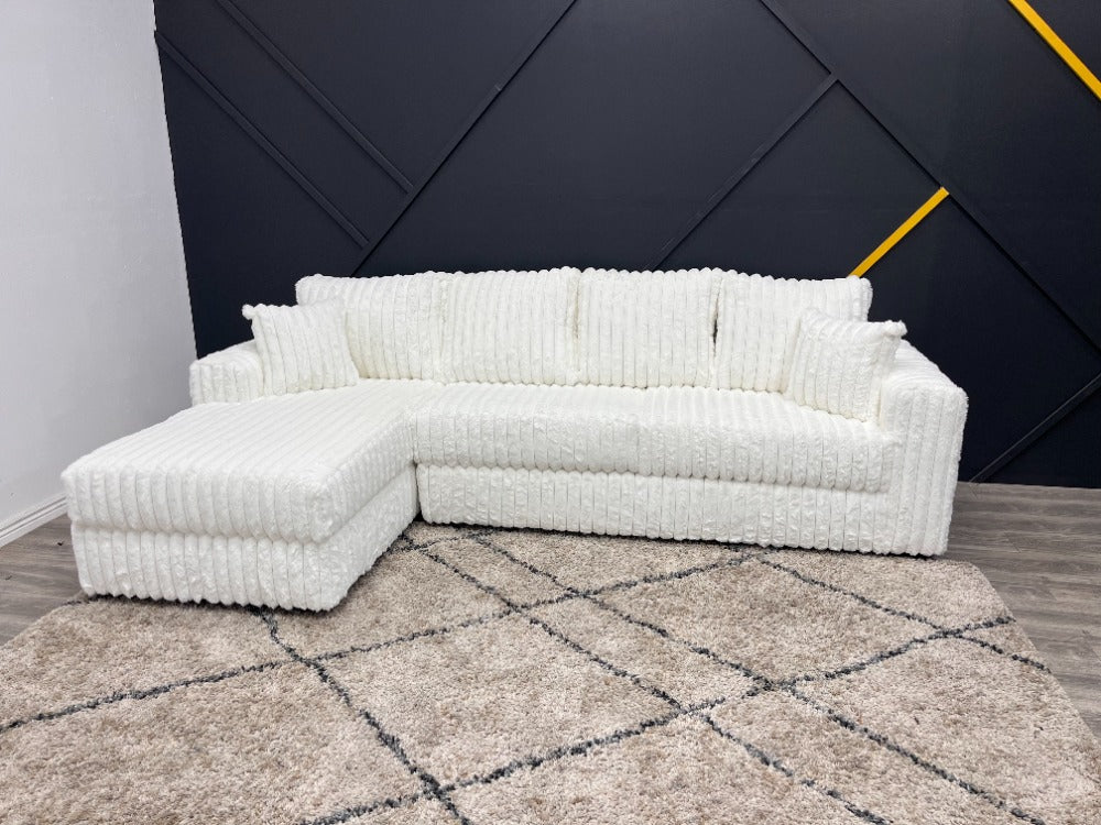 Corduroy White Sectional Couch - Super Soft Fluffy Sofa