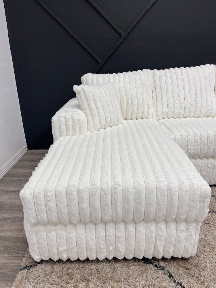 Corduroy White Sectional Couch - Super Soft Fluffy Sofa