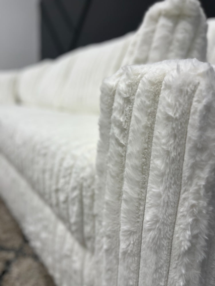 Corduroy White Sectional Couch - Super Soft Fluffy Sofa