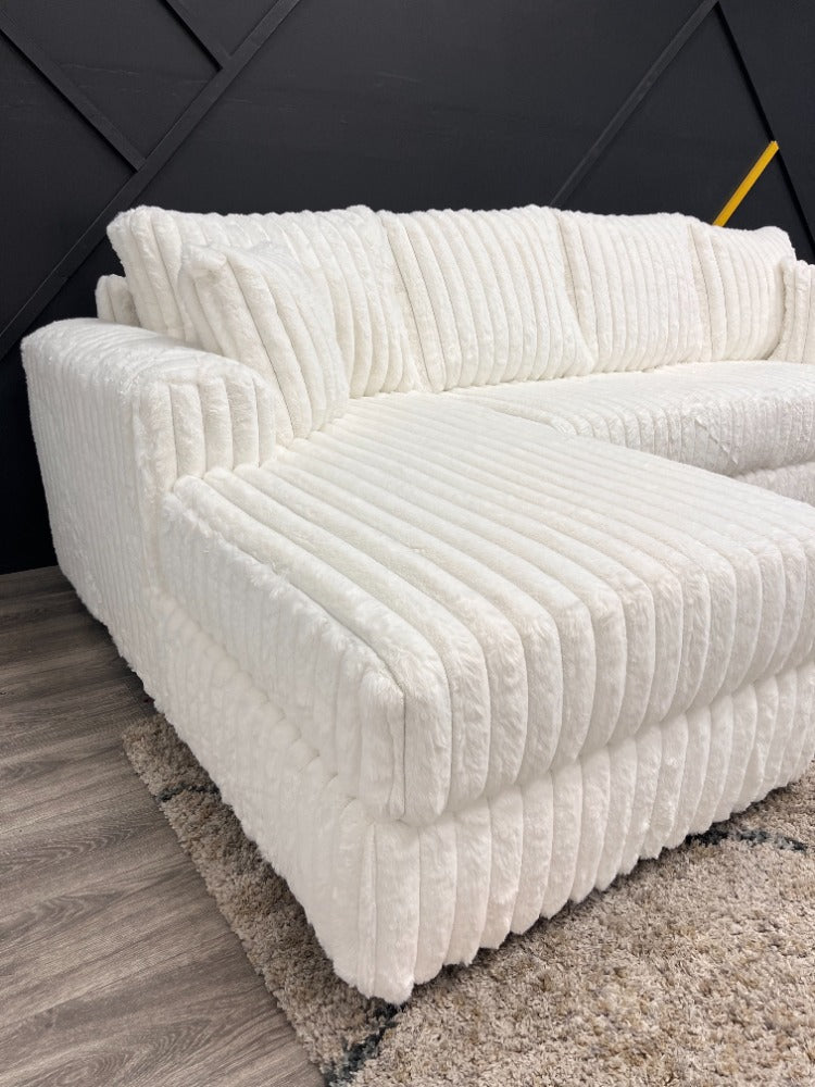 Corduroy White Sectional Couch - Super Soft Fluffy Sofa